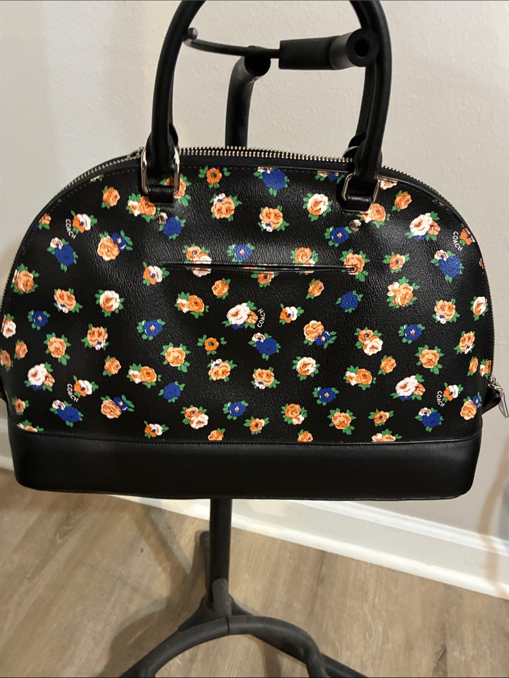 Coach Tea Rose Black Floral Dome Satchel — Orange, Blue & White Flowers - Picture 7 of 16